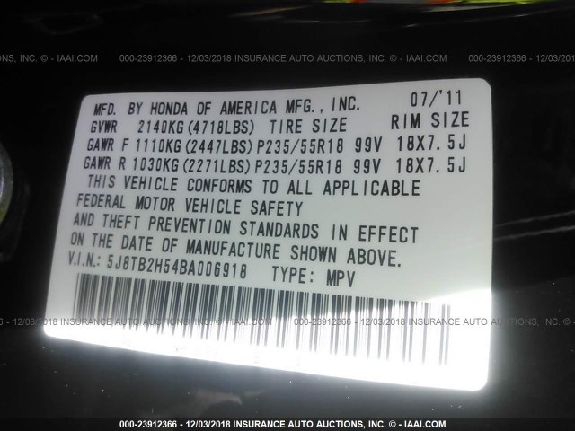 5J8TB2H54BA006918 - 2011 ACURA RDX TECHNOLOGY BLACK photo 9