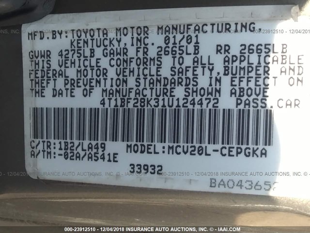 4T1BF28K31U124472 - 2001 TOYOTA CAMRY LE/XLE GRAY photo 9