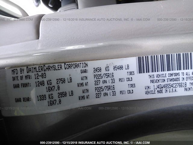 1J4GW48S54C276618 - 2004 JEEP GRAND CHEROKEE LAREDO/COLUMBIA/FREEDOM 灰色 照片 9