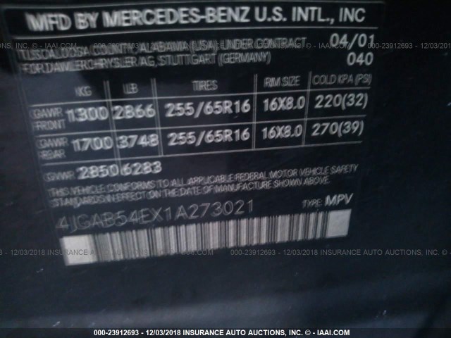 4JGAB54EX1A273021 - 2001 MERCEDES-BENZ ML 320 BLACK photo 9