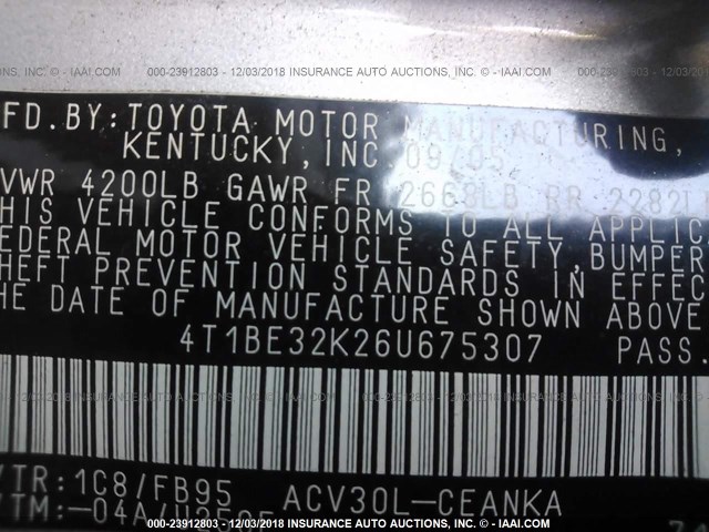 4T1BE32K26U675307 - 2006 TOYOTA CAMRY LE/XLE/SE SILVER photo 9