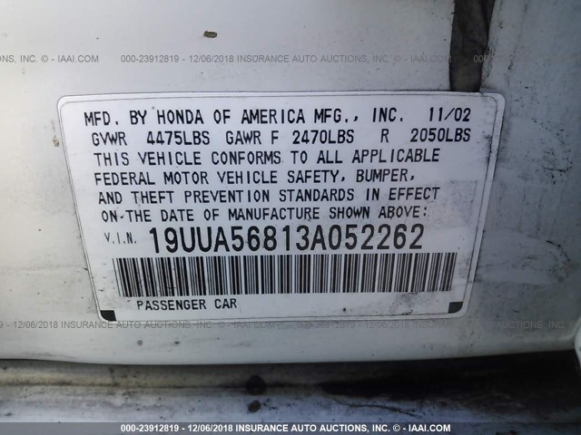 19UUA56813A052262 - 2003 ACURA 3.2TL TYPE-S WHITE photo 9