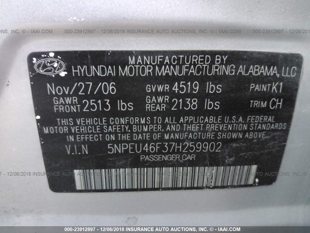 5NPEU46F37H259902 - 2007 HYUNDAI SONATA SE/LIMITED SILVER photo 9