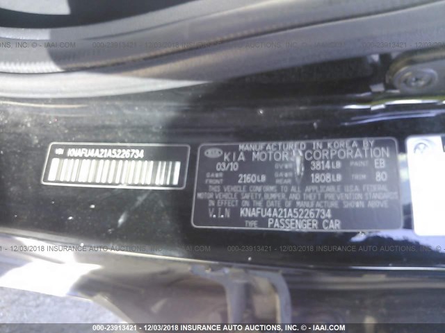 KNAFU4A21A5226734 - 2010 KIA FORTE EX BLACK photo 9