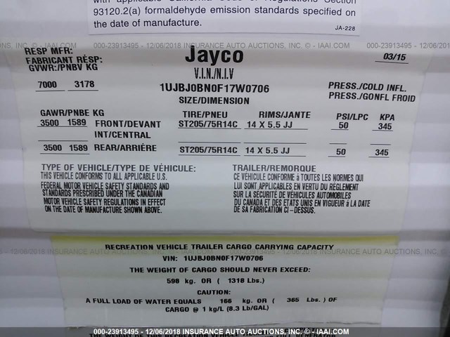 1UJBJ0BN0F17W0706 - 2015 JAYCO JAYFLIGHT  WHITE photo 9