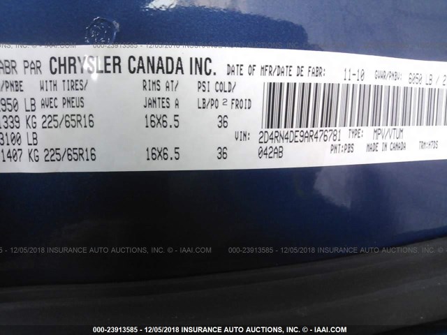 2D4RN4DE9AR476781 - 2010 DODGE GRAND CARAVAN SE BLUE photo 9