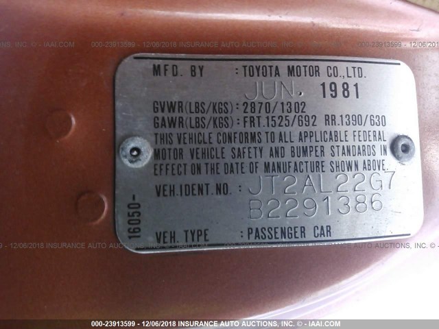 JT2AL22G7B2291386 - 1981 TOYOTA TERCEL DELUXE ORANGE photo 9