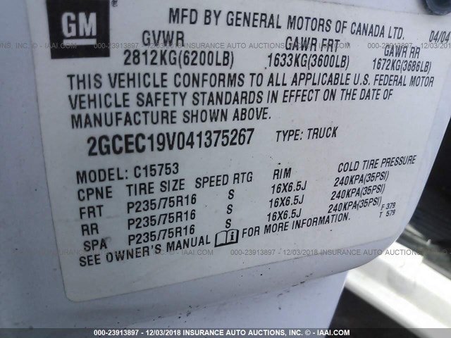 2GCEC19V041375267 - 2004 CHEVROLET SILVERADO C1500 WHITE photo 9