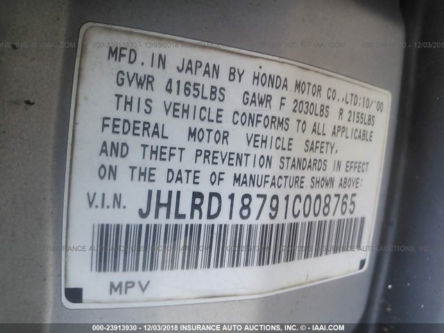 JHLRD18791C008765 - 2001 HONDA CR-V SE/LE SILVER photo 9