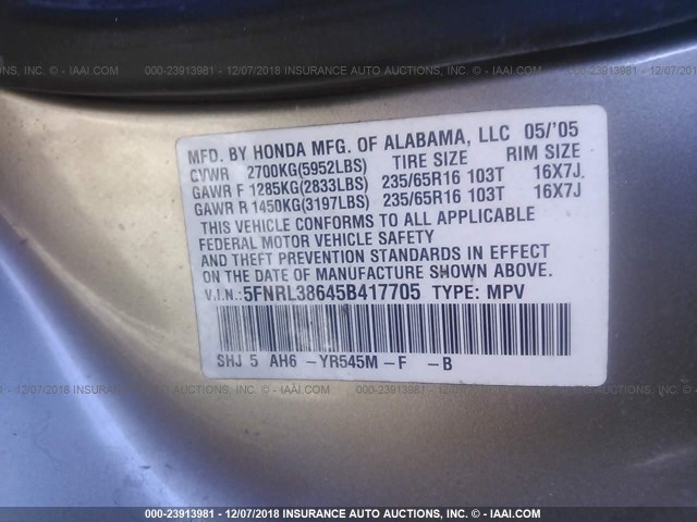 5FNRL38645B417705 - 2005 HONDA ODYSSEY EXL BROWN photo 9