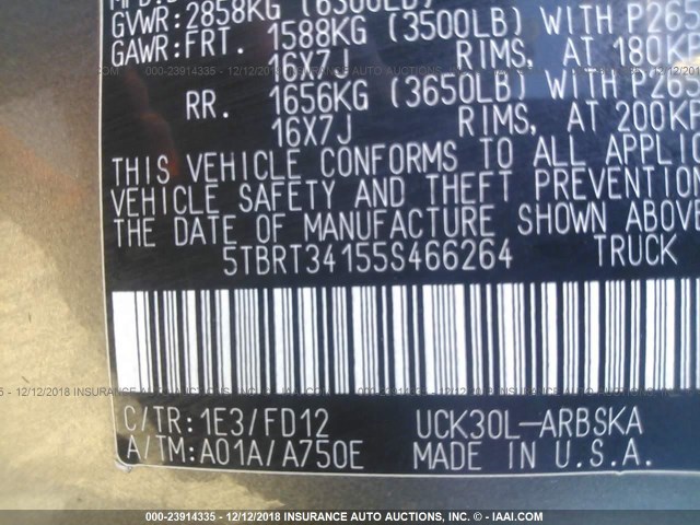 5TBRT34155S466264 - 2005 TOYOTA TUNDRA ACCESS CAB SR5 GRAY photo 9