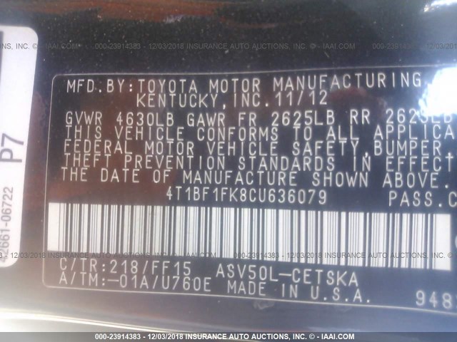 4T1BF1FK8CU636079 - 2012 TOYOTA CAMRY SE/LE/XLE 黑色 照片 9