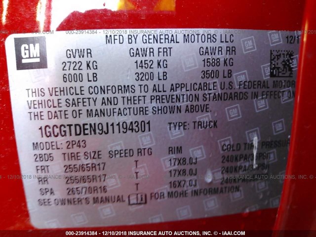1GCGTDEN9J1194301 - 2018 CHEVROLET COLORADO Z71 RED photo 9