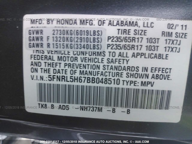 5FNRL5H67BB048510 - 2011 HONDA ODYSSEY EXL GRAY photo 9