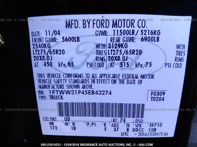 1FTWW31P45EB43274 - 2005 FORD F350 SRW SUPER DUTY BLACK photo 9