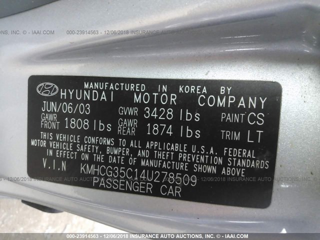 KMHCG35C14U278509 - 2004 HYUNDAI ACCENT GL SILVER photo 9