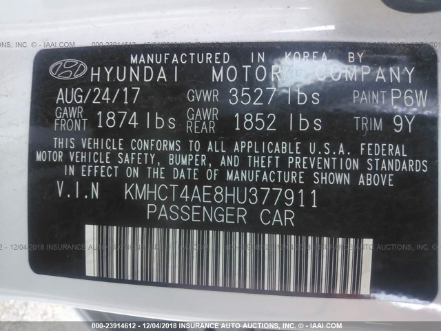 KMHCT4AE8HU377911 - 2017 HYUNDAI ACCENT SE WHITE photo 9