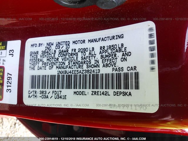 1NXBU4EE5AZ382413 - 2010 TOYOTA COROLLA S/LE/XLE RED photo 9