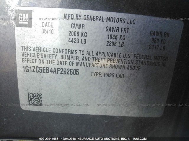 1G1ZC5EB4AF292605 - 2010 CHEVROLET MALIBU 1LT 灰色 照片 9