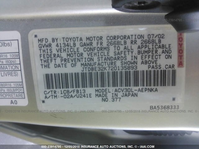 JTDBE32K720135893 - 2002 TOYOTA CAMRY LE/XLE/SE SILVER photo 9