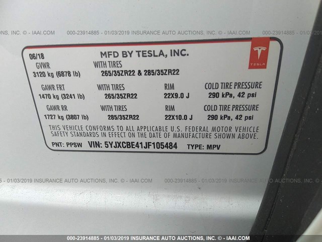 5YJXCBE41JF105484 - 2018 TESLA MODEL X WHITE photo 9