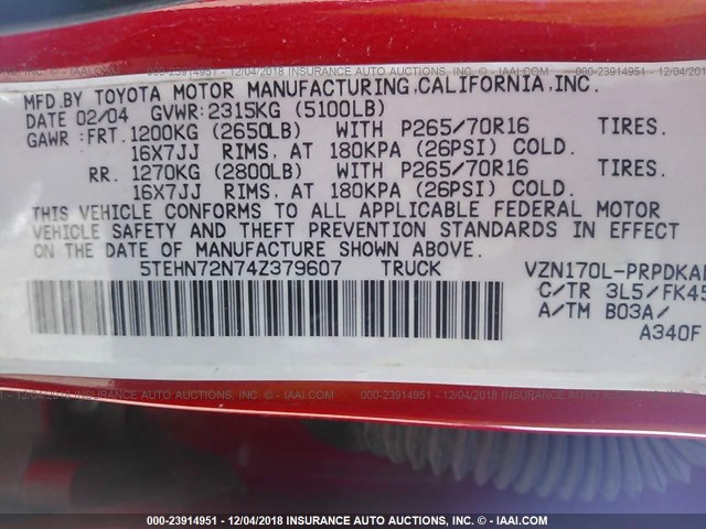 5TEHN72N74Z379607 - 2004 TOYOTA TACOMA DOUBLE CAB 红色 照片 9