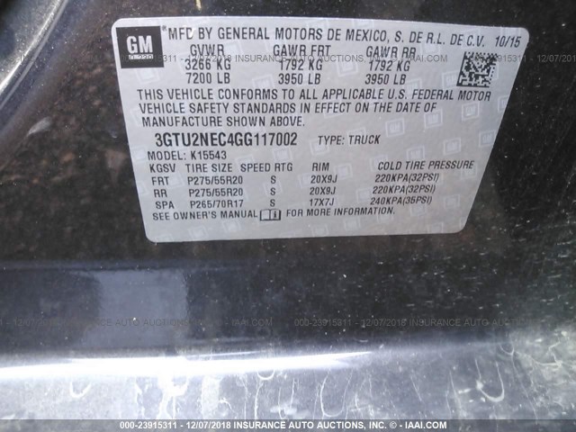 3GTU2NEC4GG117002 - 2016 GMC SIERRA K1500 SLT GRAY photo 9