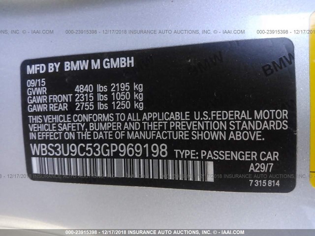 WBS3U9C53GP969198 - 2016 BMW M4 SILVER photo 9