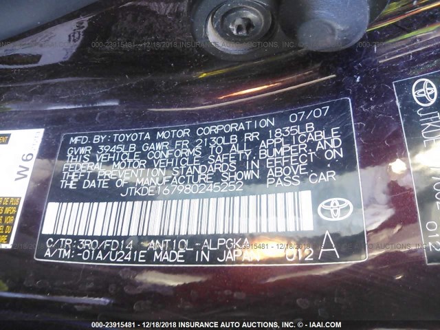 JTKDE167980245252 - 2008 TOYOTA SCION TC მუქწითელი ფოტო 9