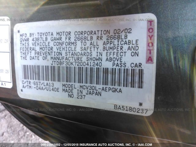 JTDBF30K720041240 - 2002 TOYOTA CAMRY LE/XLE/SE GREEN photo 9