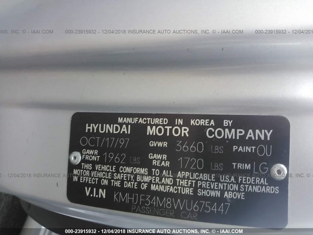 KMHJF34M8WU675447 - 1998 HYUNDAI ELANTRA GLS SILVER photo 9