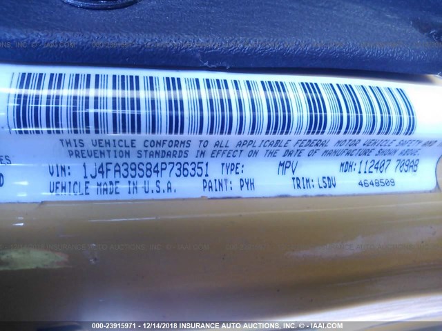 1J4FA39S84P736351 - 2004 JEEP WRANGLER X YELLOW photo 9