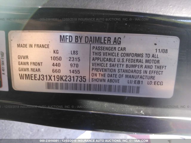 WMEEJ31X19K231735 - 2009 SMART FORTWO PURE/PASSION SILVER photo 9