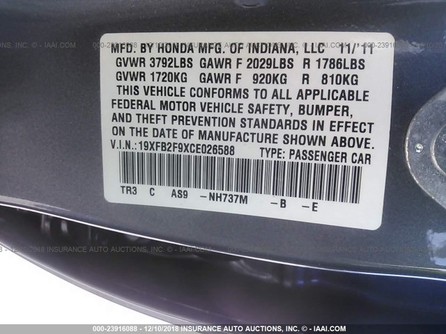 19XFB2F9XCE026588 - 2012 HONDA CIVIC EXL Boz foto 9