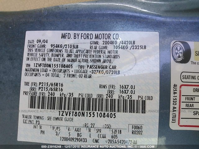 1ZVFT80N155108405 - 2005 FORD MUSTANG BLUE photo 9