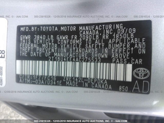 2T1BU4EE4AC275533 - 2010 TOYOTA COROLLA S/LE/XLE SILVER photo 9