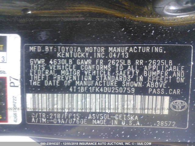 4T1BF1FK4DU250759 - 2013 TOYOTA CAMRY L/SE/LE/XLE 黑色 照片 9