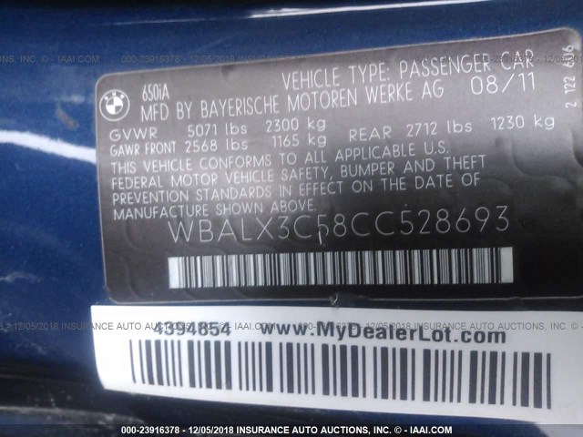 WBALX3C58CC528693 - 2012 BMW 650 I BLUE photo 9