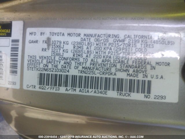 5TETX22N65Z103024 - 2005 TOYOTA TACOMA ACCESS CAB ოქროსფერი ფოტო 9