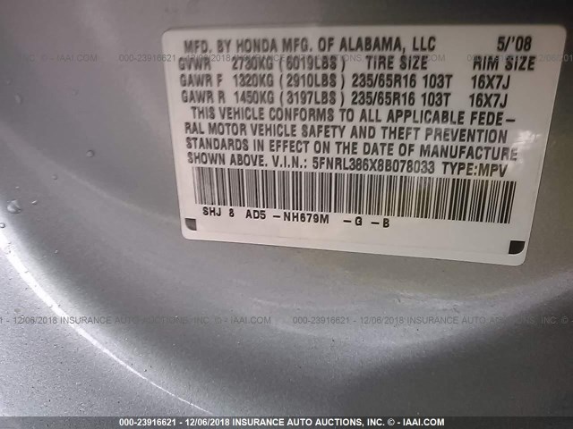 5FNRL386X8B078033 - 2008 HONDA ODYSSEY EXL BLUE photo 9