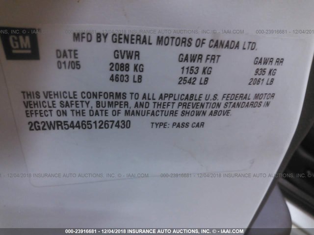 2G2WR544651267430 - 2005 PONTIAC GRAND PRIX GTP WHITE photo 9