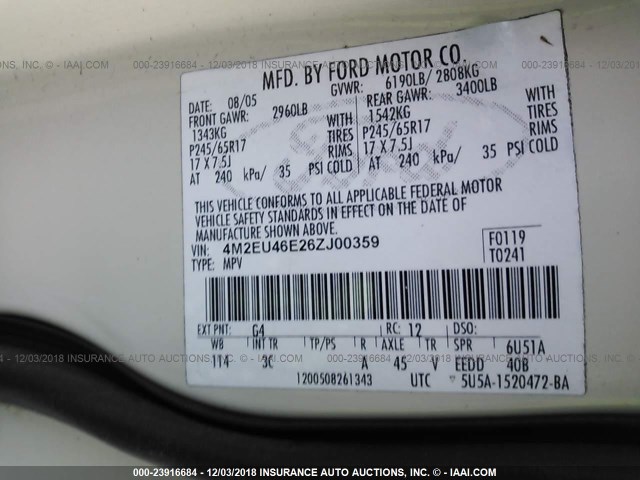 4M2EU46E26ZJ00359 - 2006 MERCURY MOUNTAINEER CONVENIENCE WHITE photo 9