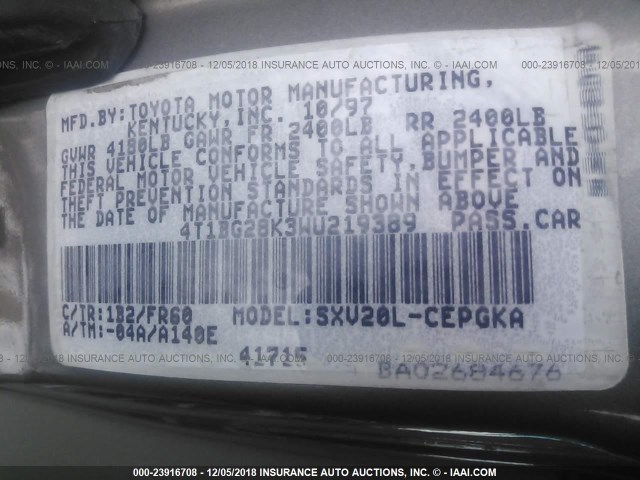 4T1BG28K3WU219389 - 1998 TOYOTA CAMRY CE/LE/XLE 银色 照片 9