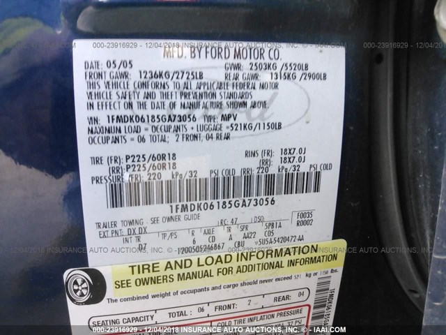 1FMDK06185GA73056 - 2005 FORD FREESTYLE LIMITED BLUE photo 9