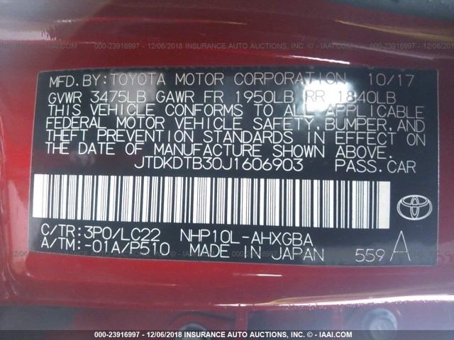 JTDKDTB30J1606903 - 2018 TOYOTA PRIUS C RED photo 9