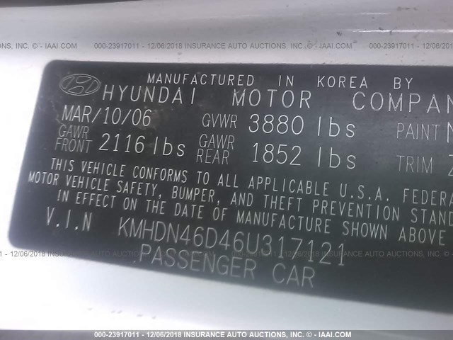 KMHDN46D46U317121 - 2006 HYUNDAI ELANTRA WHITE photo 9