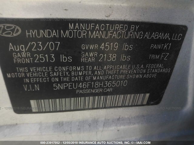 5NPEU46F18H365010 - 2008 HYUNDAI SONATA SE/LIMITED SILVER photo 9