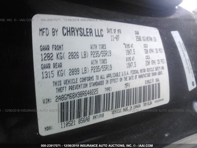 2A8GM68X98R640225 - 2008 CHRYSLER PACIFICA TOURING BLACK photo 9