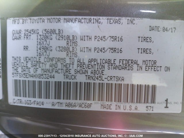 5TFSX5EN4HX053244 - 2017 TOYOTA TACOMA ACCESS CAB/SR/SR5 灰色 照片 9