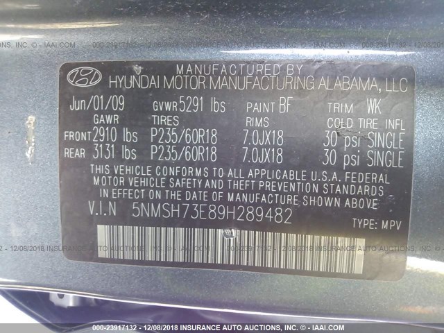 5NMSH73E89H289482 - 2009 HYUNDAI SANTA FE SE/LIMITED BLACK photo 9